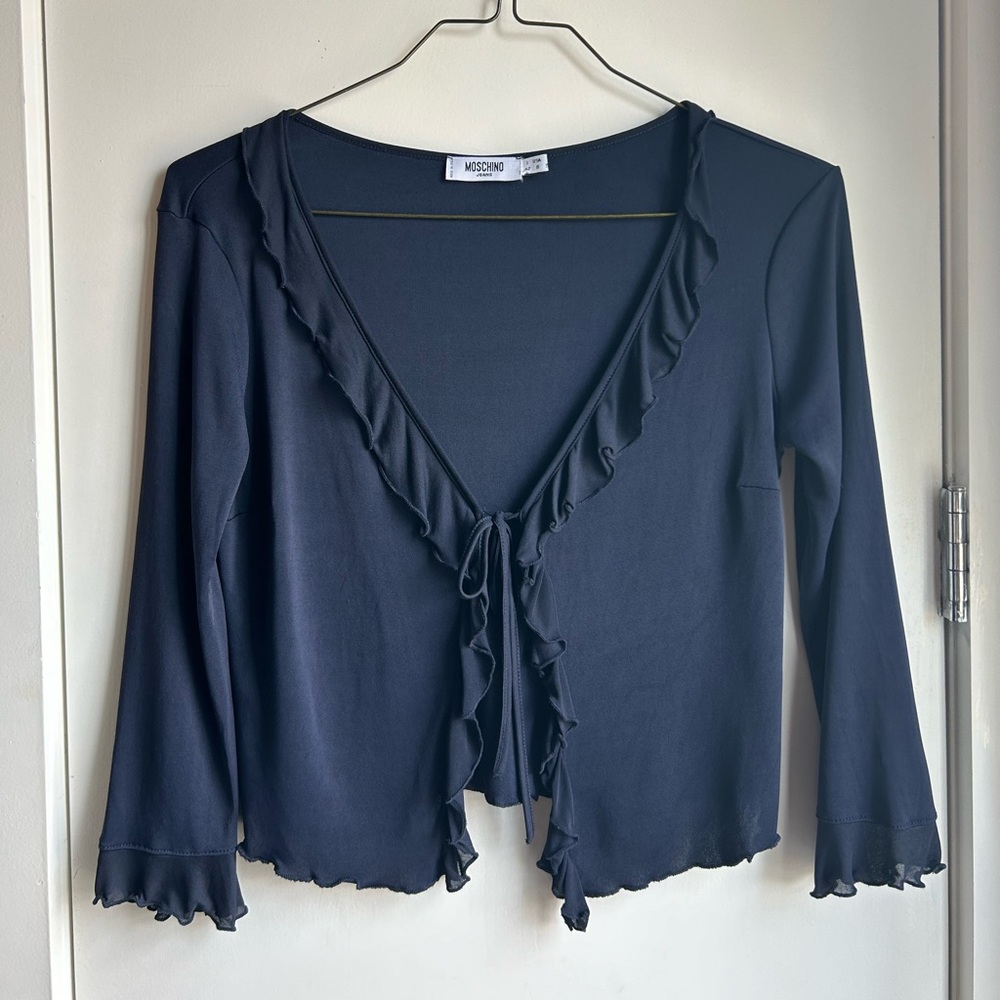 Vintage Moschino Jeans viscose ruffle navy cardigan, size M